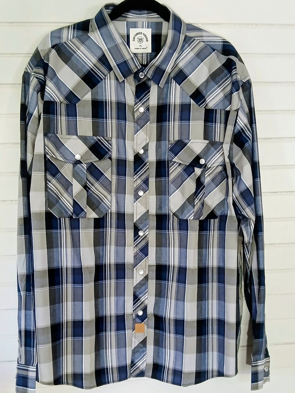 Dubinik Customized Version Shirt Mens 2XL Pearl Snap Blue Gray Plaid Western